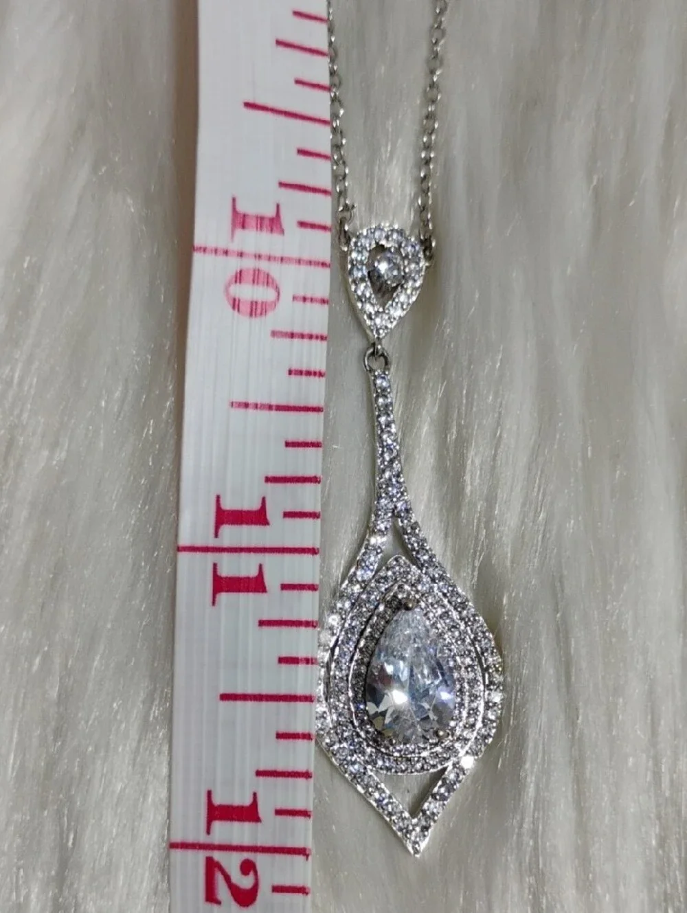 SALE! Fine Silver Plated Teardrop Sparkling CZ Diamond Statement Necklace - Picture 9 of 11